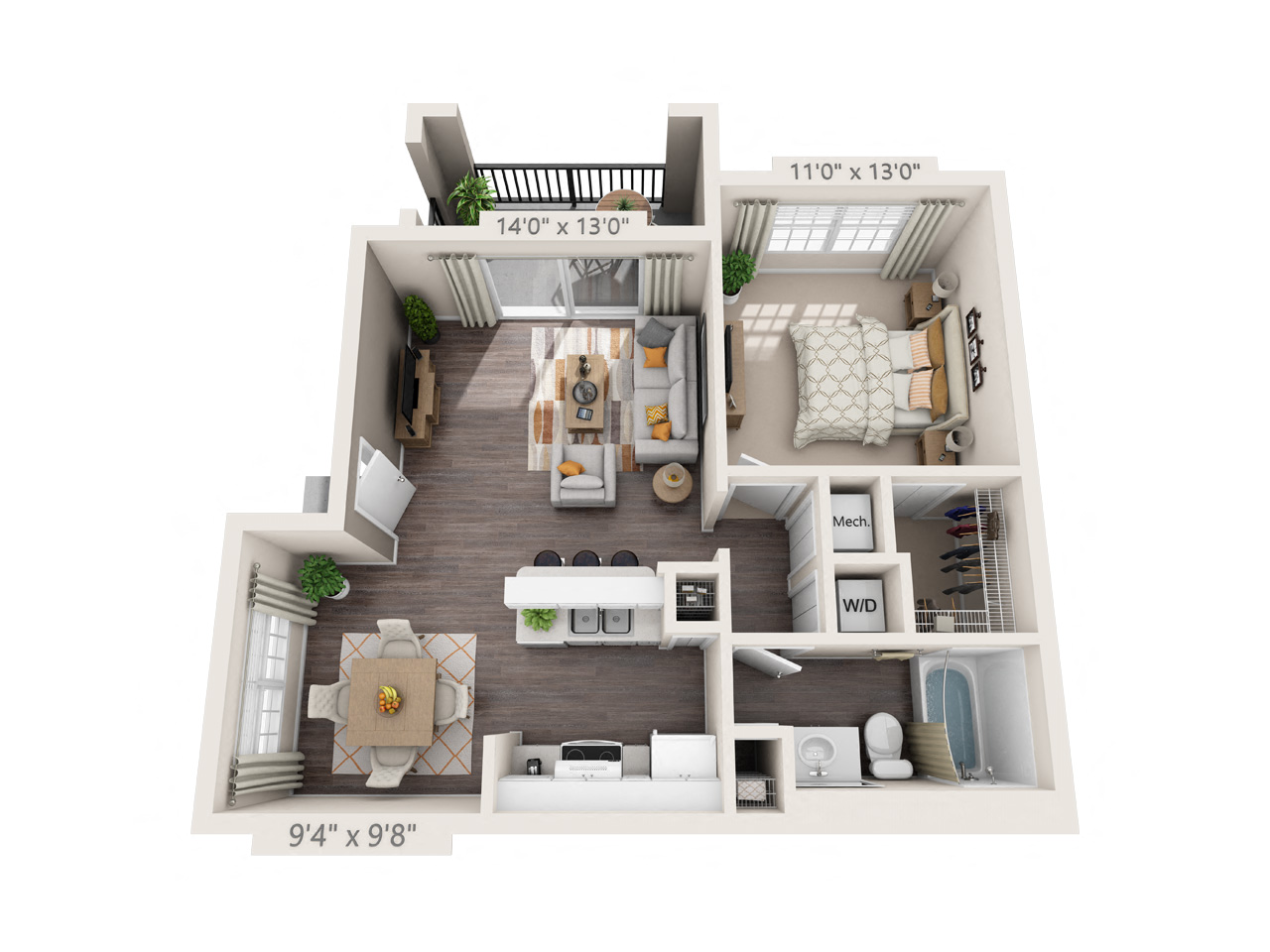 Floor plan for 1 bed, 1 bath, 678 sqft